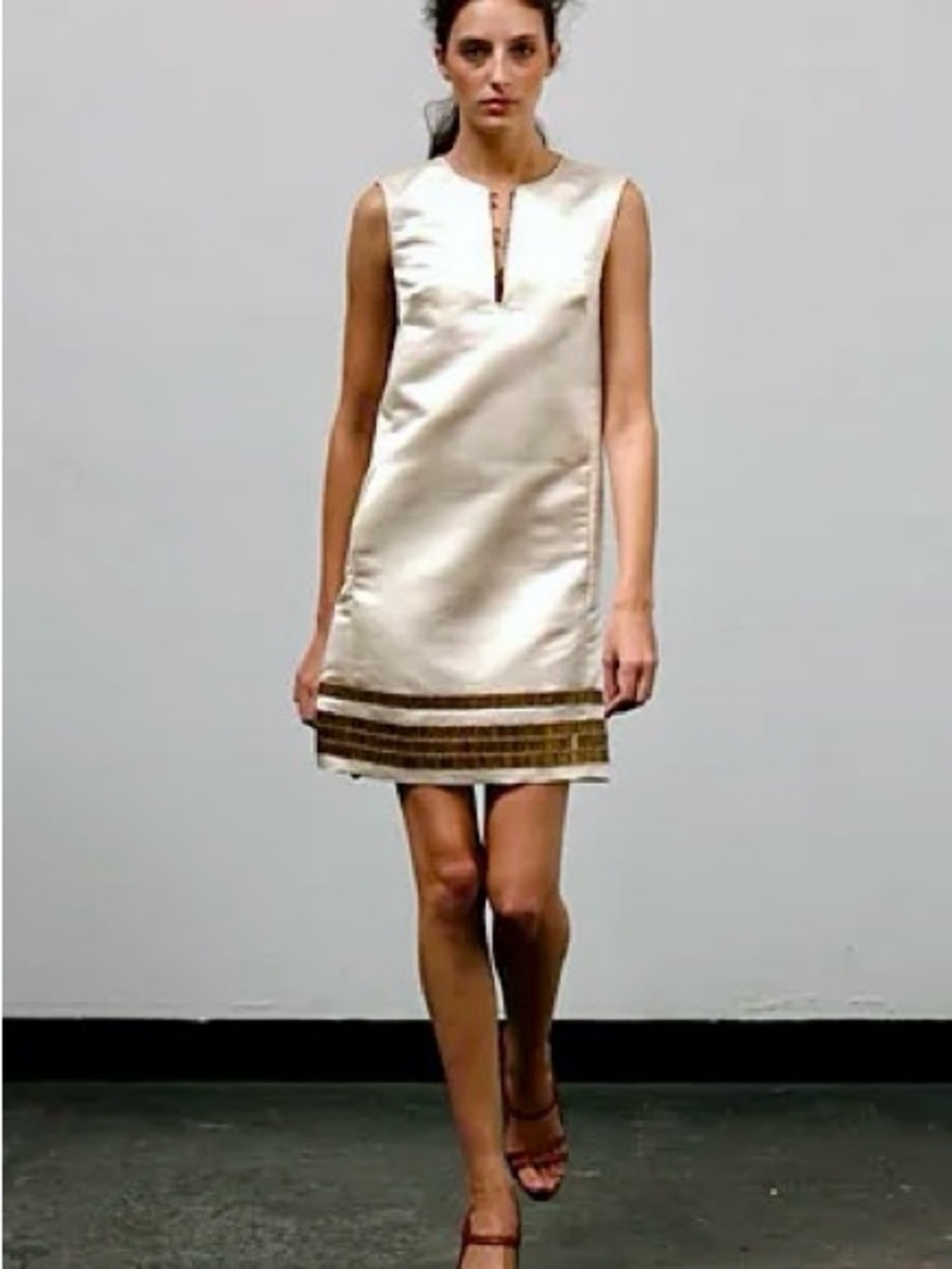 Adam plus Eve Sleeveless Cream Shift Dress with Gold Trim